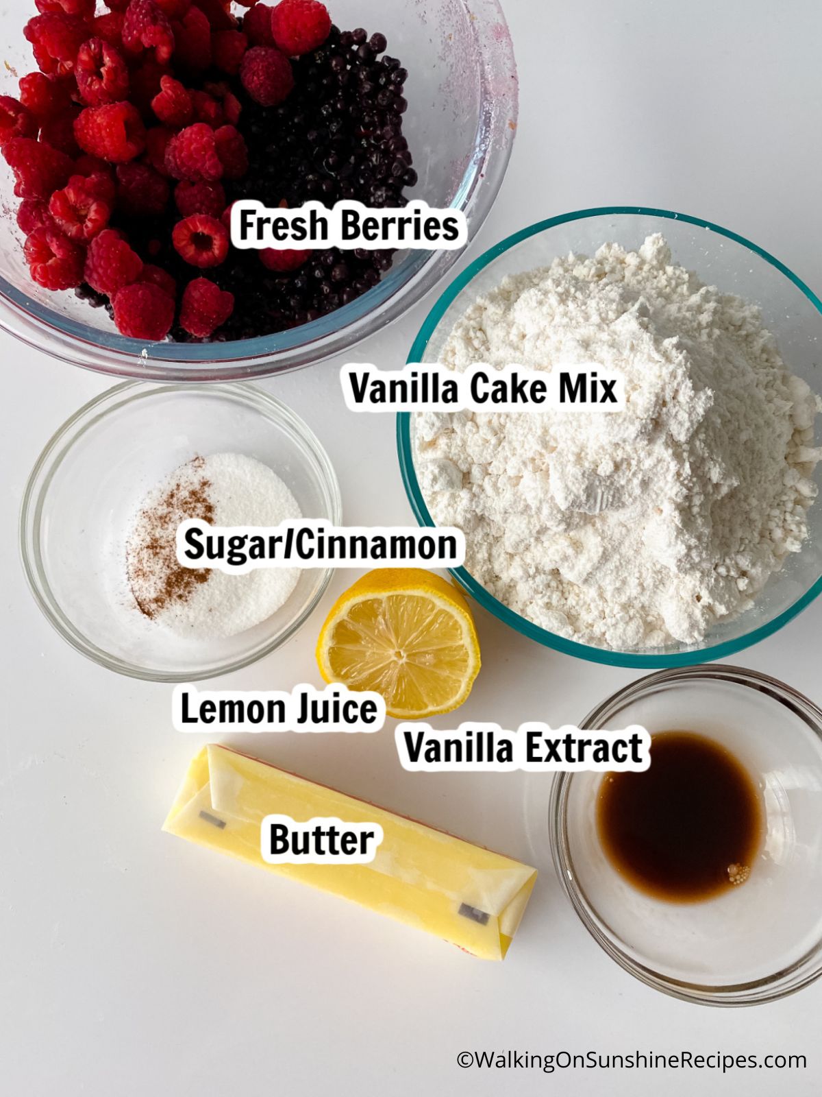 Ingredients for Fresh Berry Dump Cake with Cake Mix.