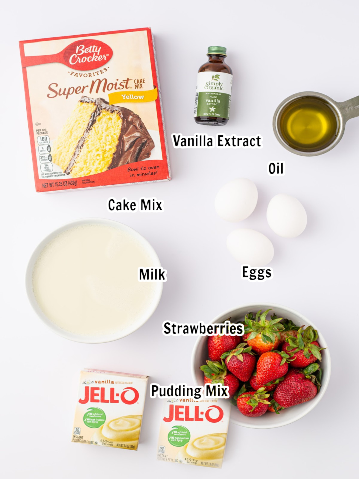 Mason Jar Cake Mix with Strawberries and Pudding Ingredients.