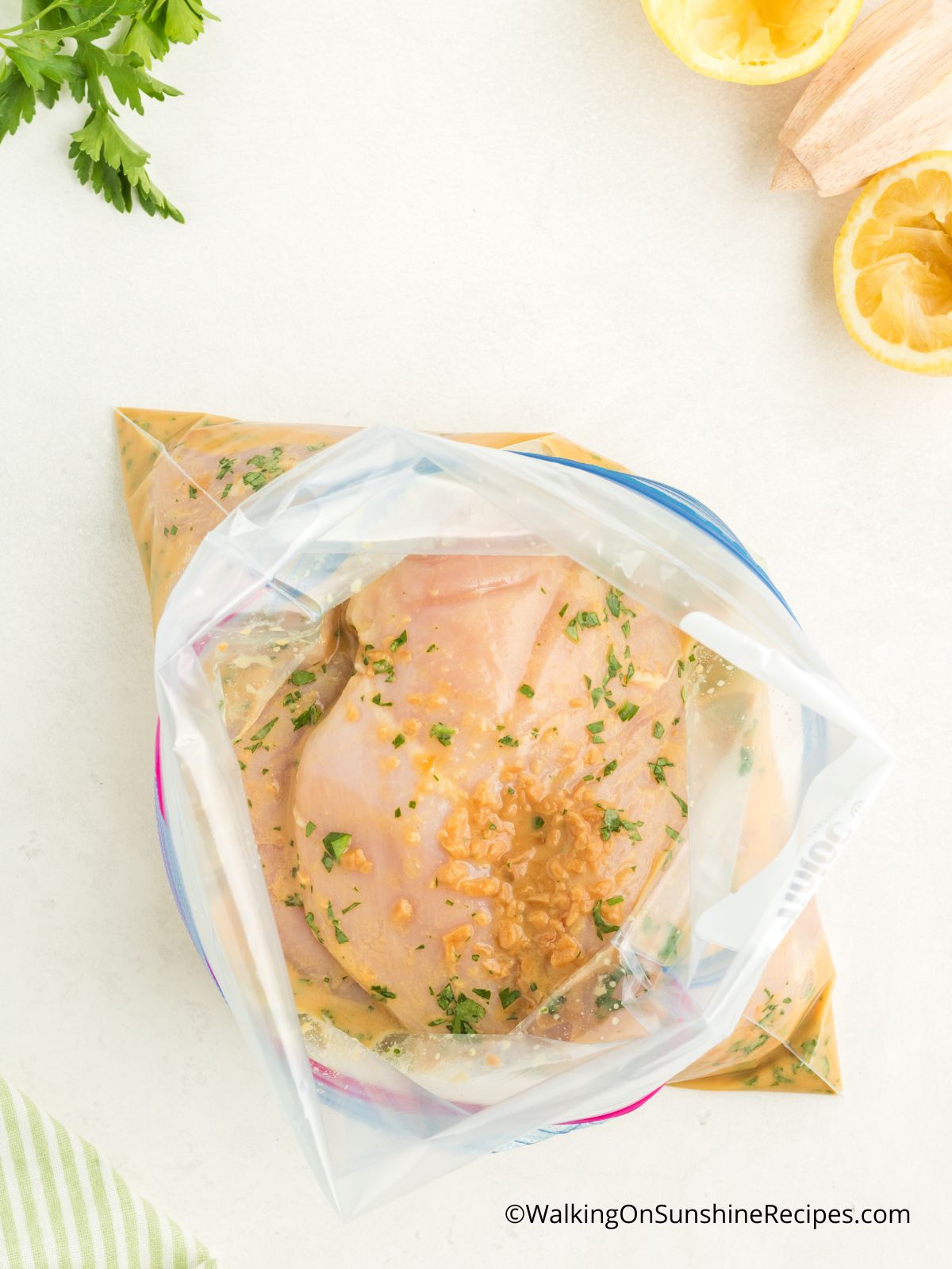 Add marinade in plastic bag with chicken breasts to freeze.
