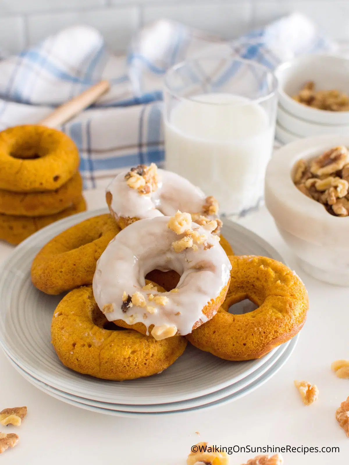 Homemade pumpkin donuts served on plate with glass of milk.