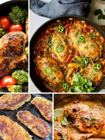 Collection of 4 cast iron chicken breast recipes.