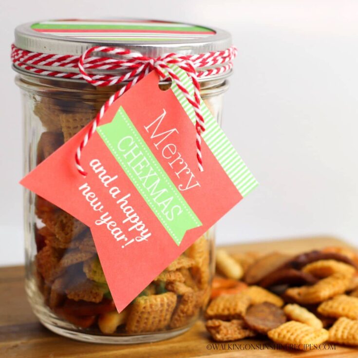Chex mix in a jar with Christmas label.