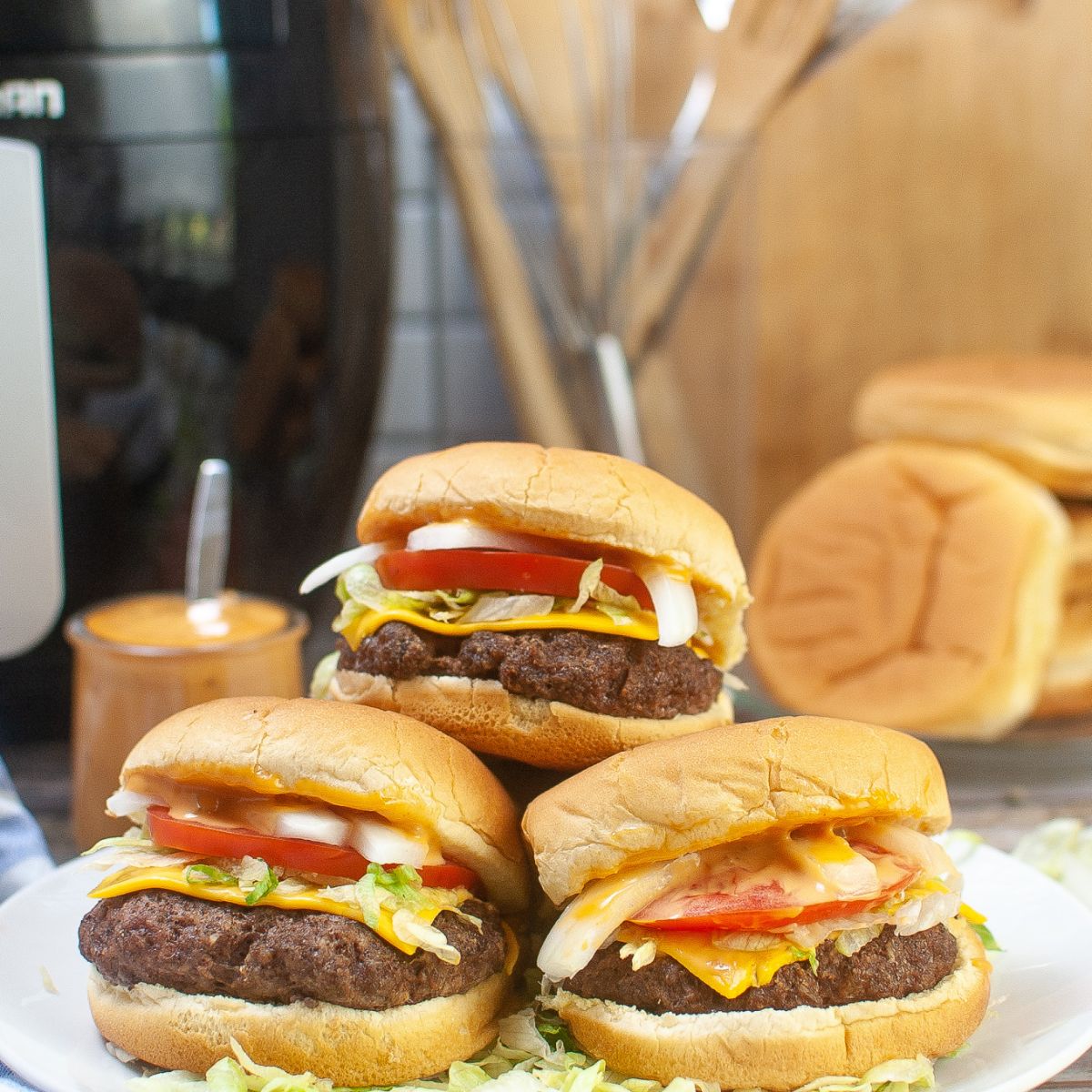 3 hamburgers made in the air fryer.