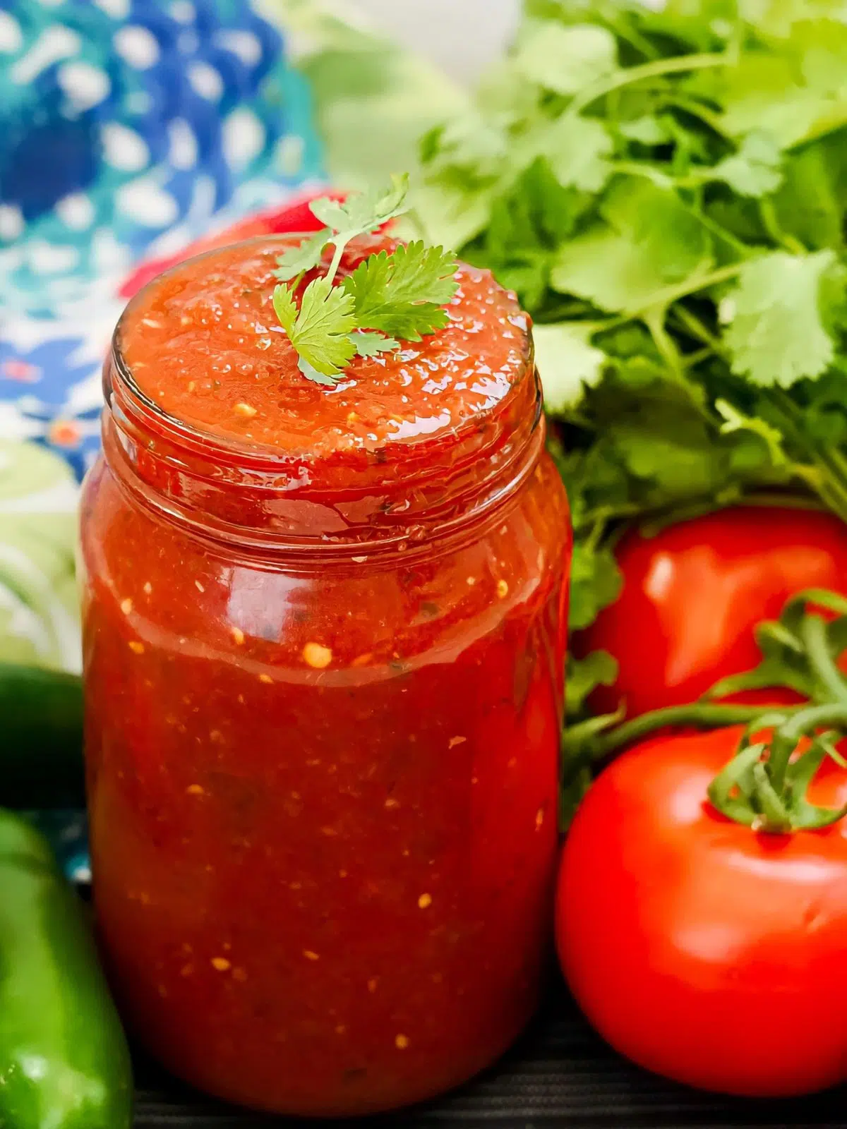 Homemade salsa in mason jar.