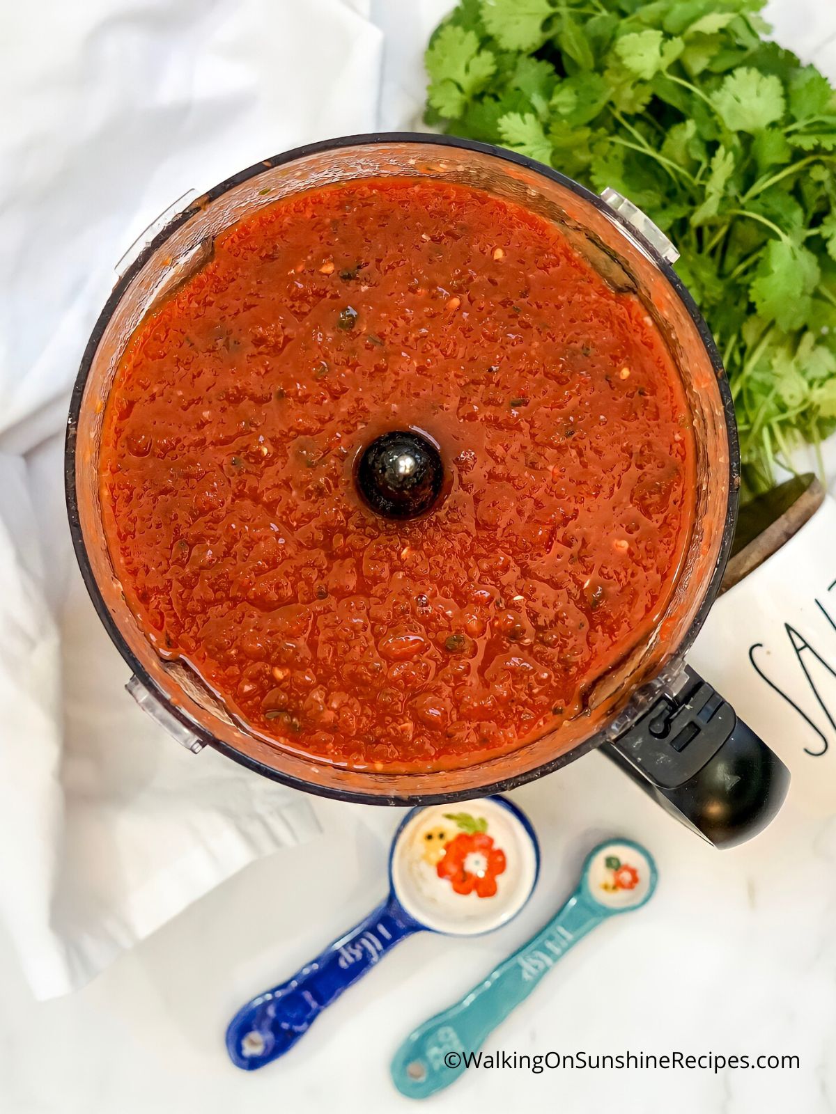 Ingredients for homemade salsa in food processor mixed and combined.