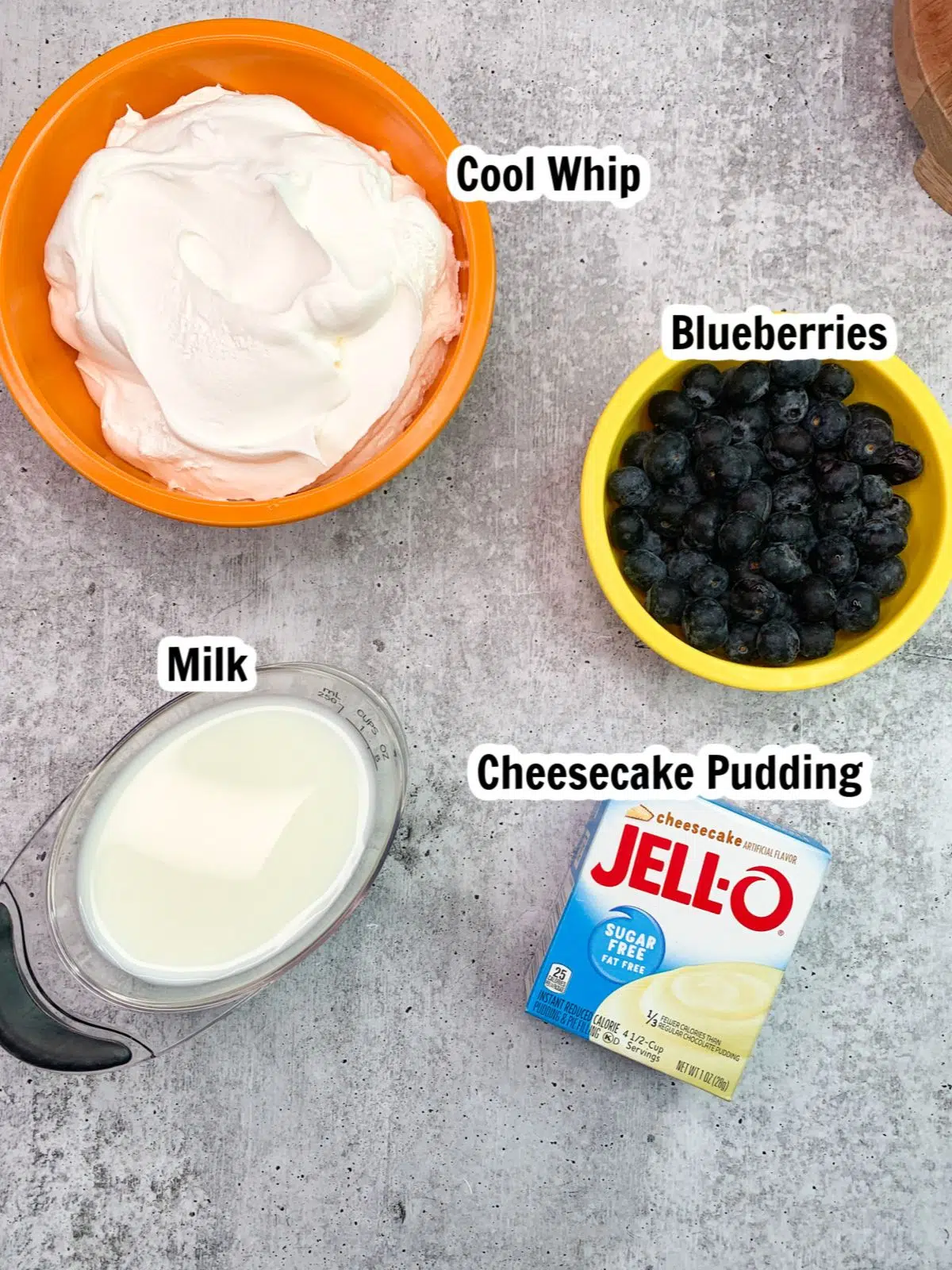 Ingredients for Cool Whip Cheesecake Pudding.