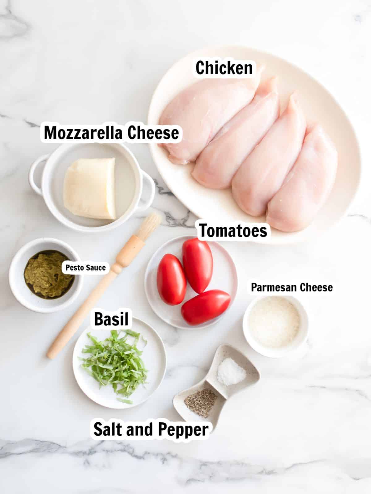 Ingredients chicken, basil, tomatoes, mozzarella, Parmesan cheese and basil pesto sauce.