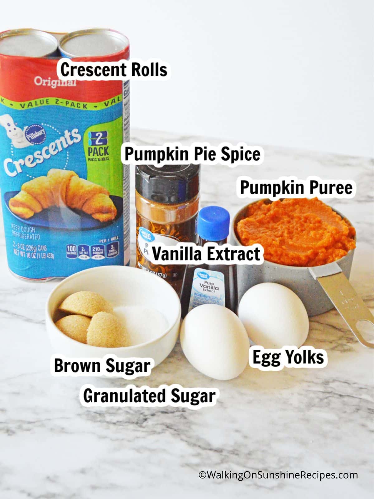 Crescent Rolls, canned pumpkin, sugar, eggs and vanilla ingredients for pumpkin crescent rolls.