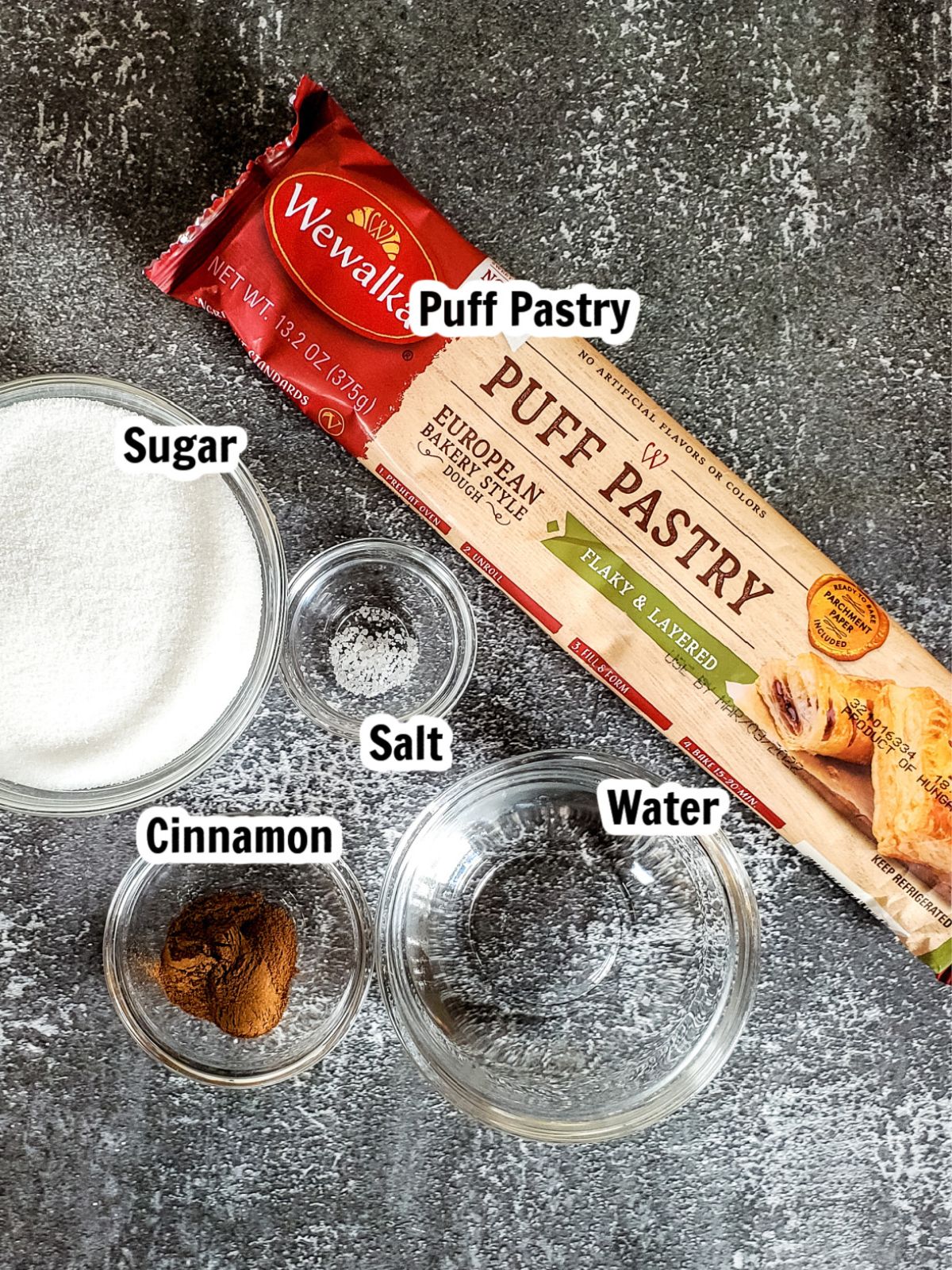 ingredients - puff pastry, cinnamon, granulated sugar, water.