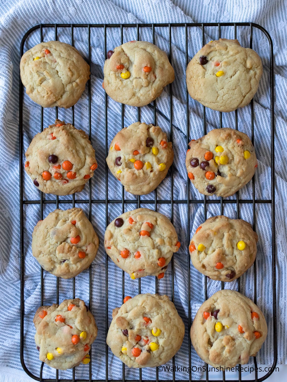 Baked Halloween Cookies on baking rack with Reese's pieces.