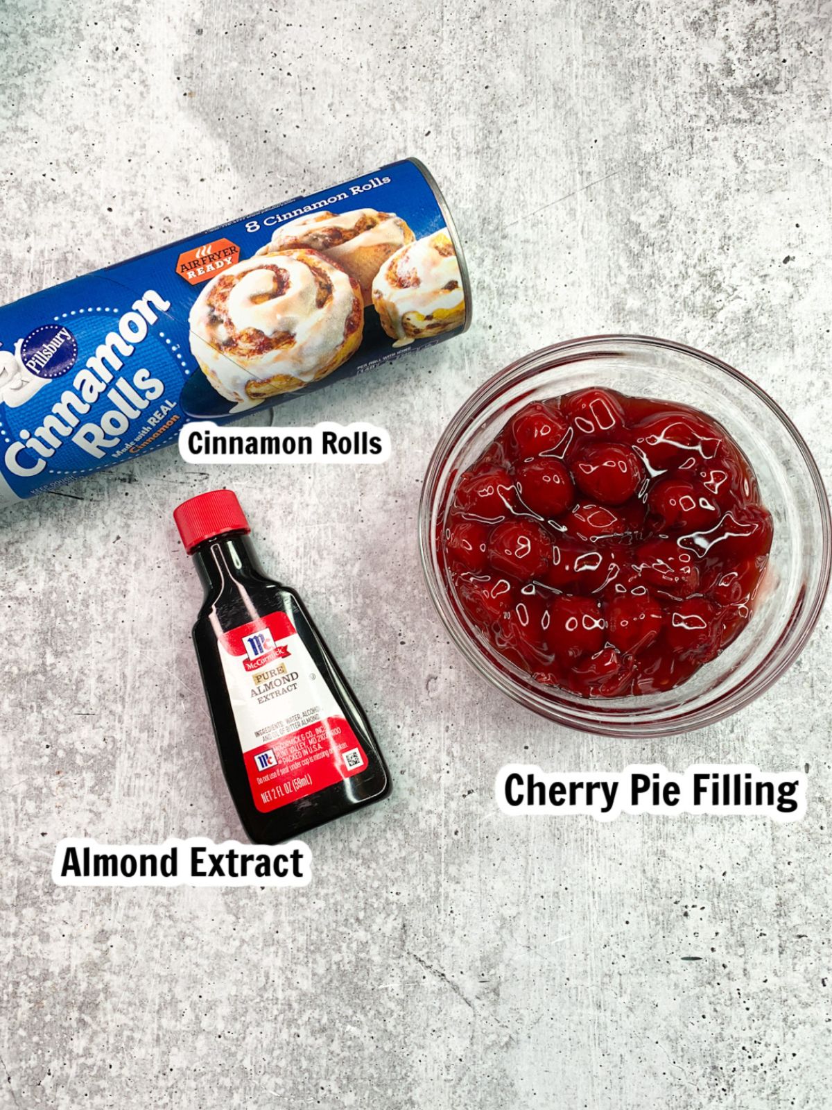 Ingredients for Cinnamon rolls and Cherry pie filling.