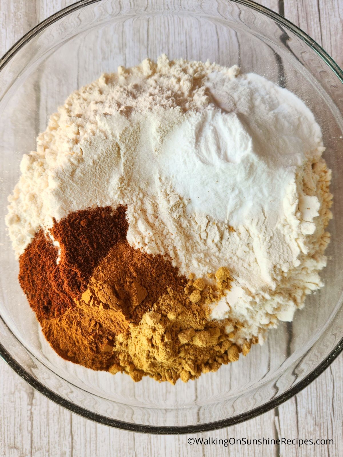 add flour and spices together in bowl for gingerbread cookies.