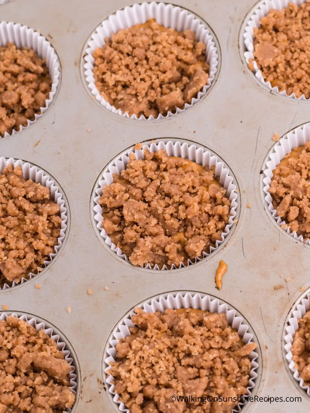 Add crumb mixture to the top of unbaked muffins.