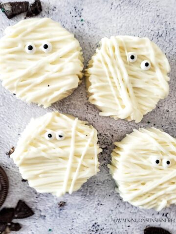 Halloween mummy cookies made with Oreo cookies.