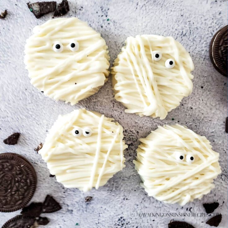 Halloween mummy cookies made with Oreo cookies.