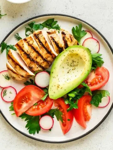 healthy chicken cutlet recipe with avocado, tomatoes and greens.