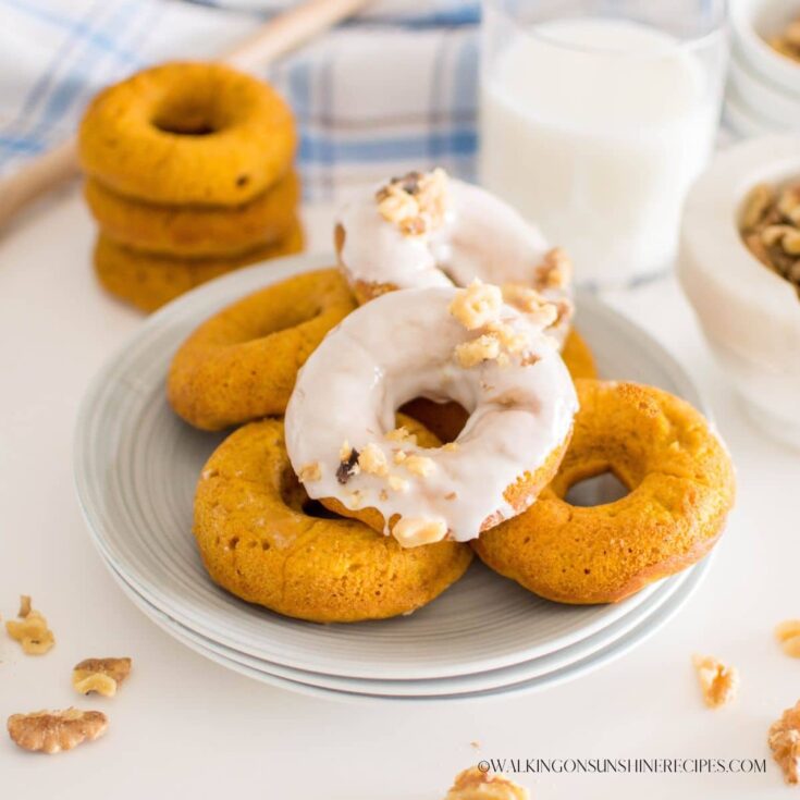 Homemade pumpkin donuts on plate with powdered sugar glaze and chopped walnuts.