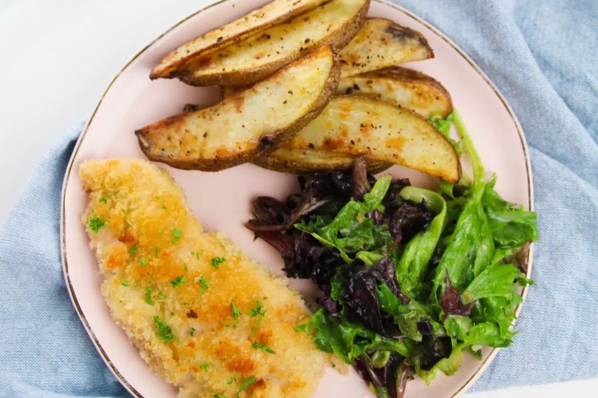 Baked chicken with crispy mayonnaise coating.