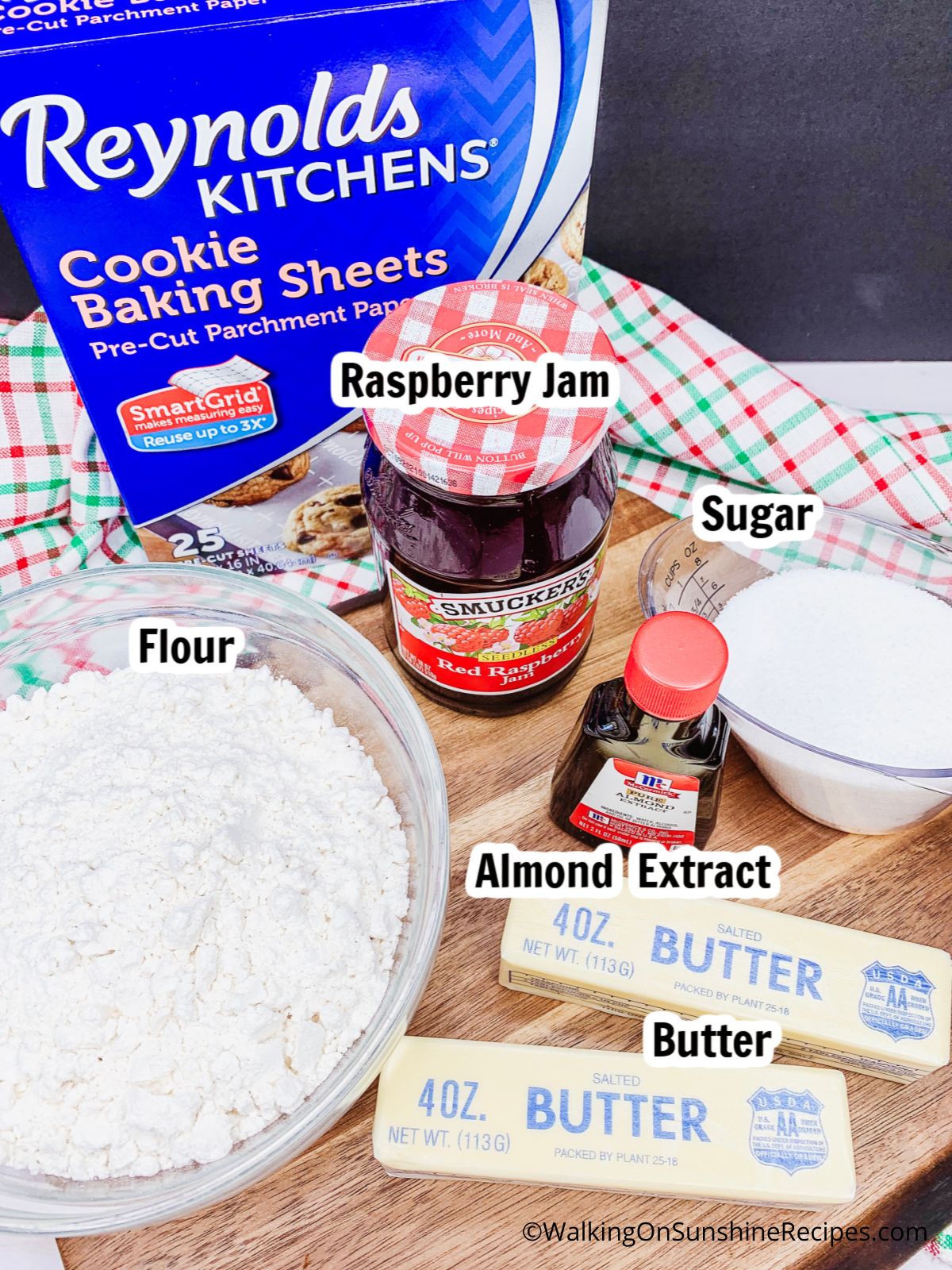 Ingredients for Raspberry Shortbread Thumbprint Cookies.