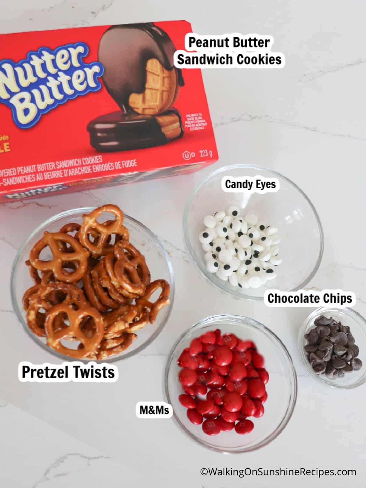 Ingredients for chocolate reindeer cookies.