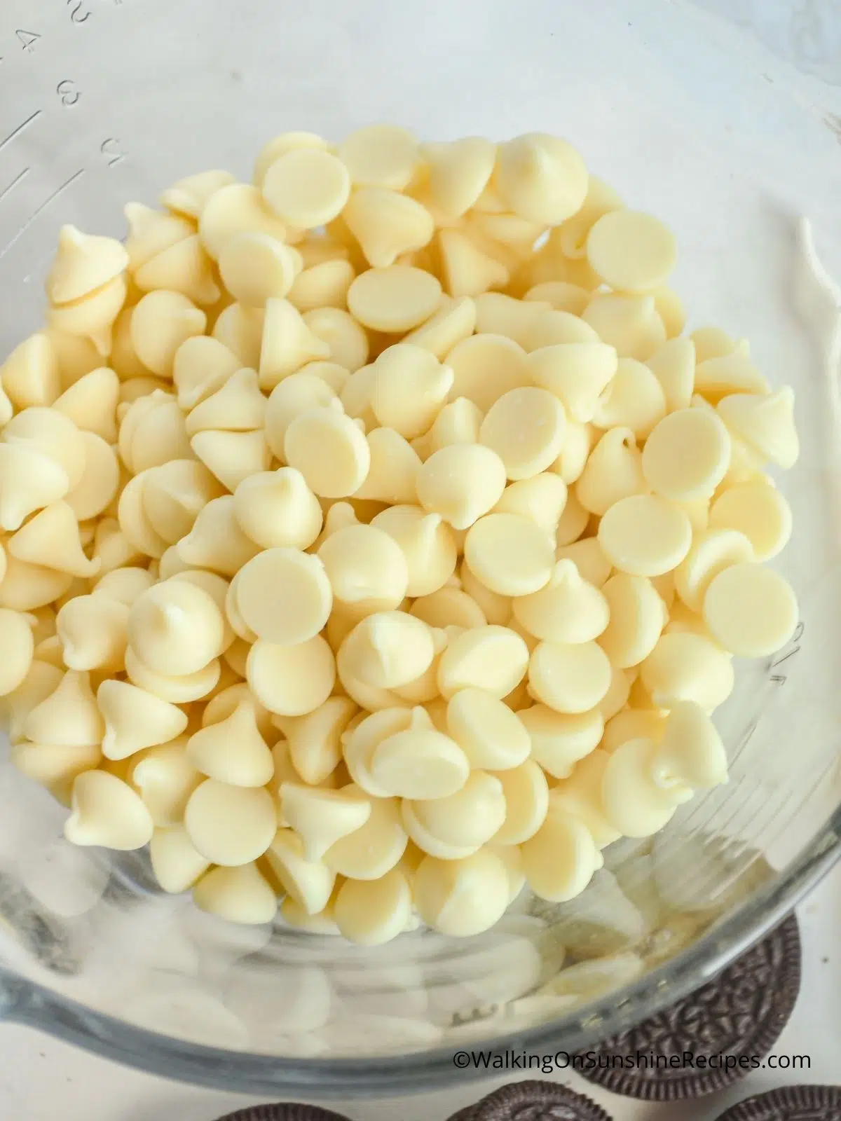 white chocolate morsels in bowl.