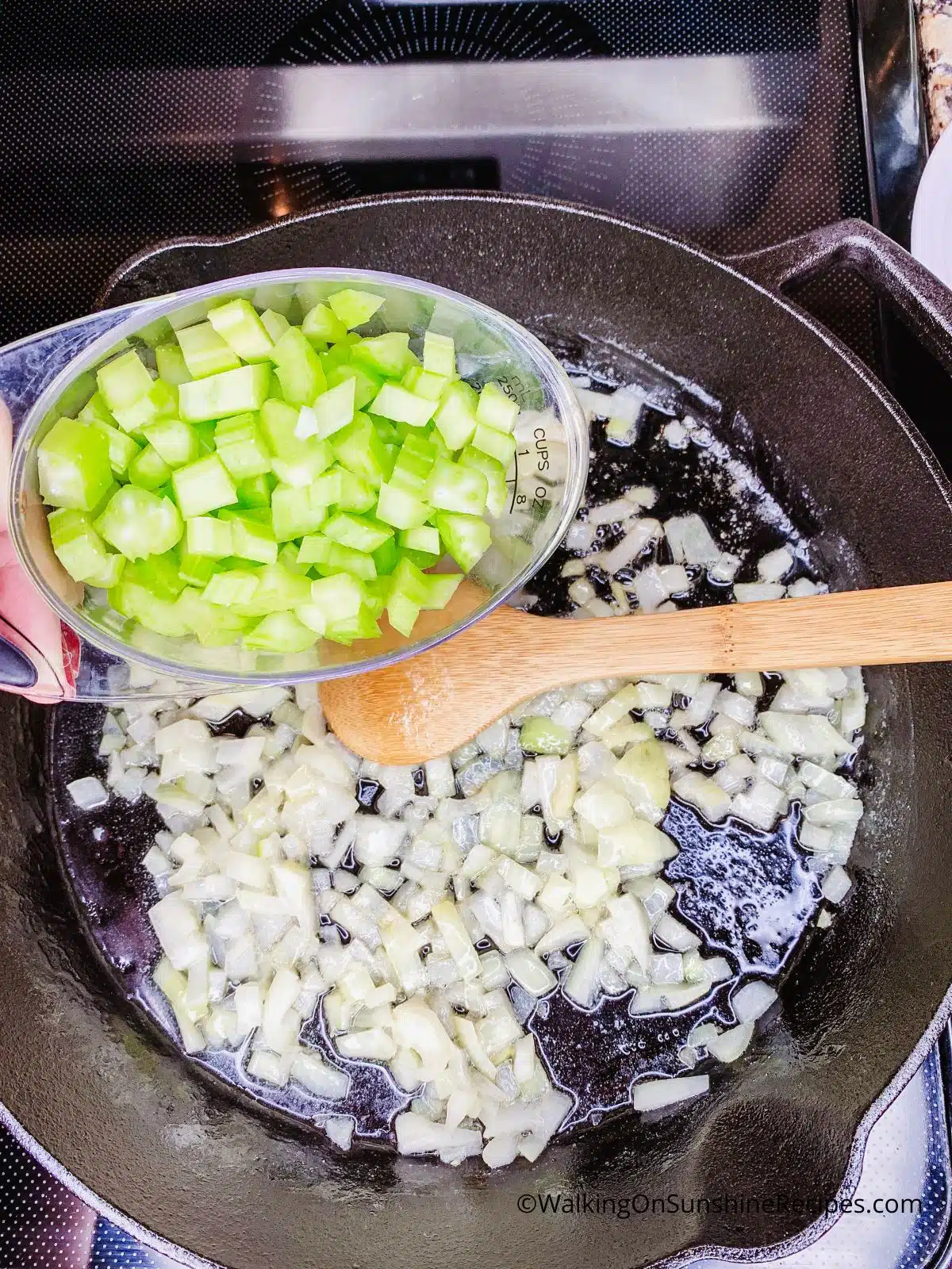Add celery to onion in cast iron skillet.