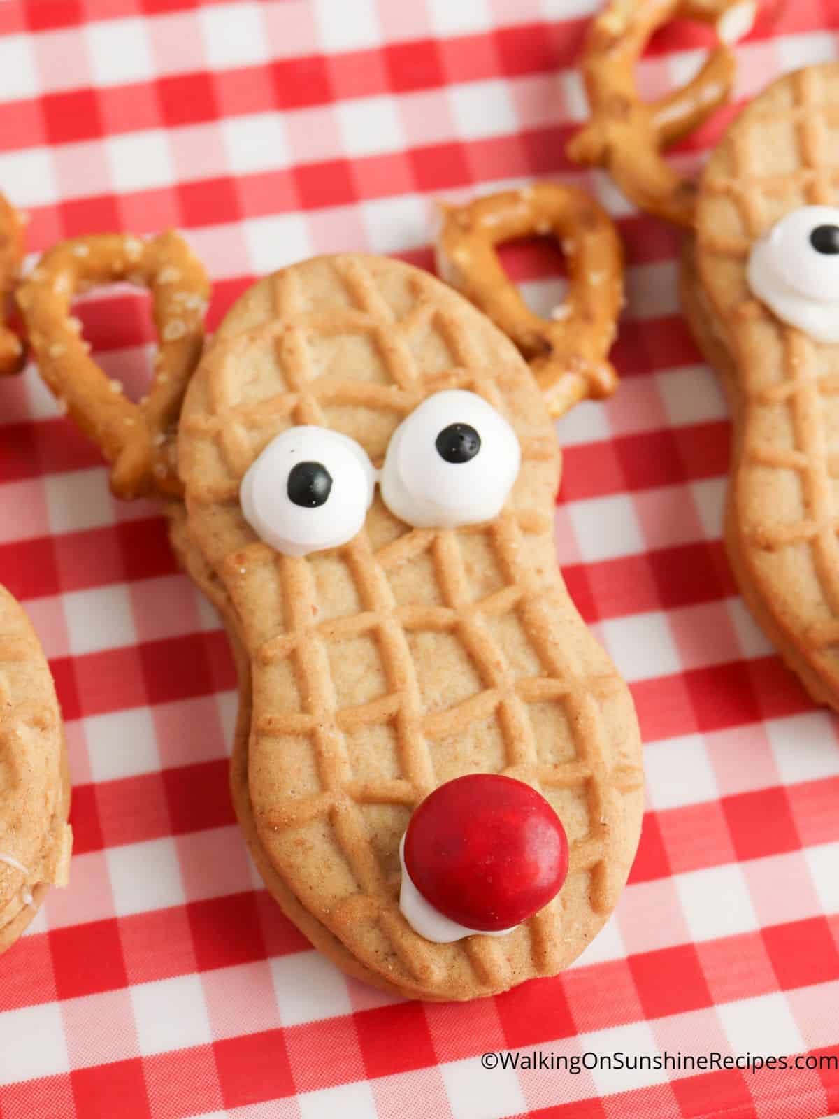 closeup of Reindeer nutter butter cookies.