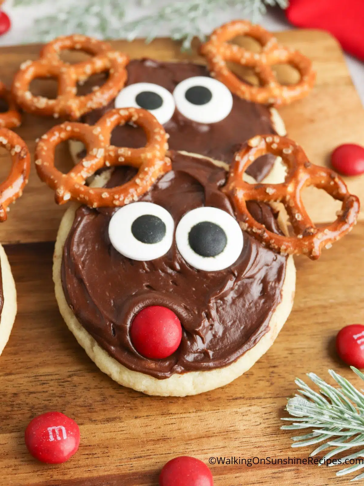 closeup of reindeer sugar cookies.