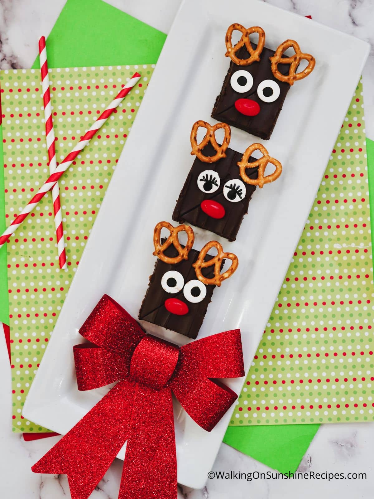 brownies decorated for Christmas like rudolph.
