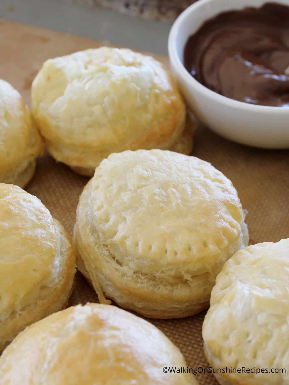 Baked puff pastry circles with peanut butter cups.