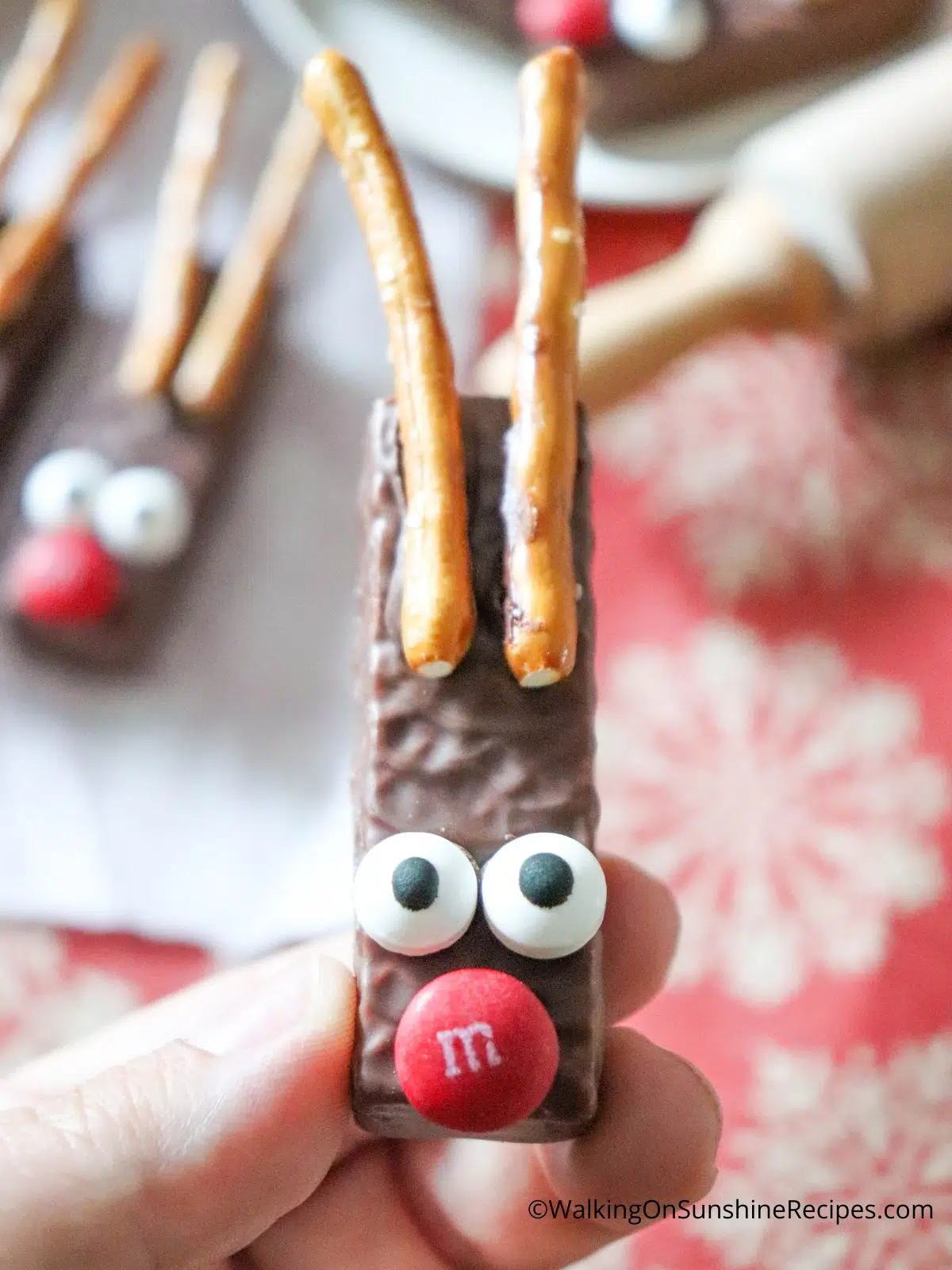 closeup of Christmas reindeer cookies with pretzel sticks.