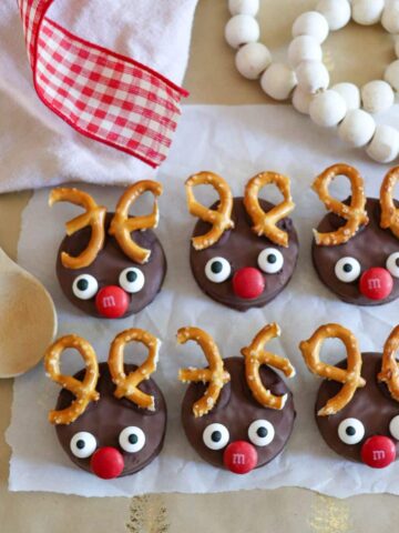Chocolate Reindeer cookies with pretzel antlers.