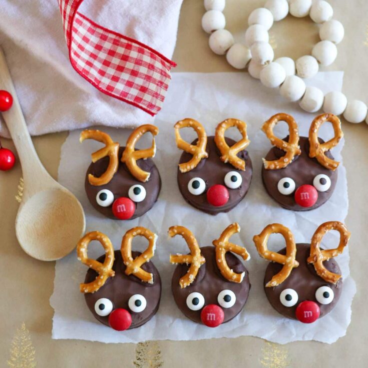 Chocolate Reindeer cookies with pretzel antlers.