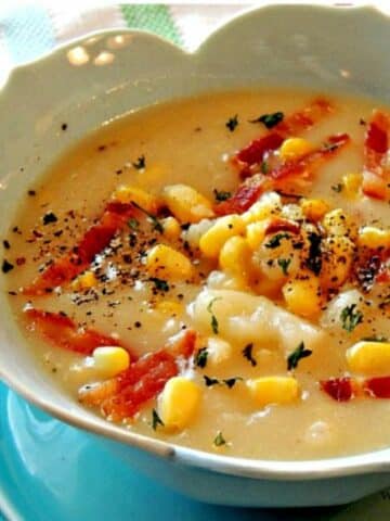 potato and corn chowder with bacon.