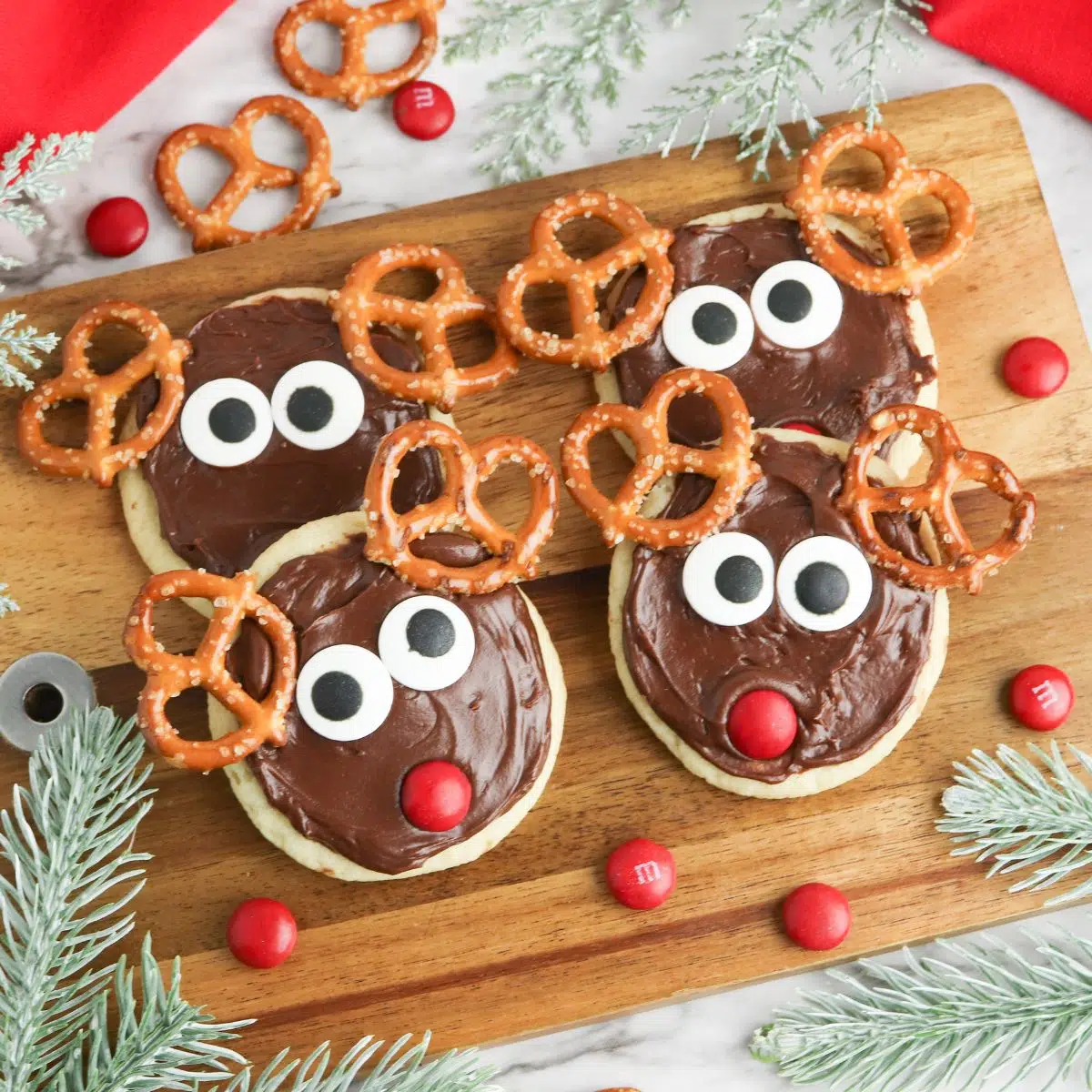 Sugar cookies decorated as reindeers.