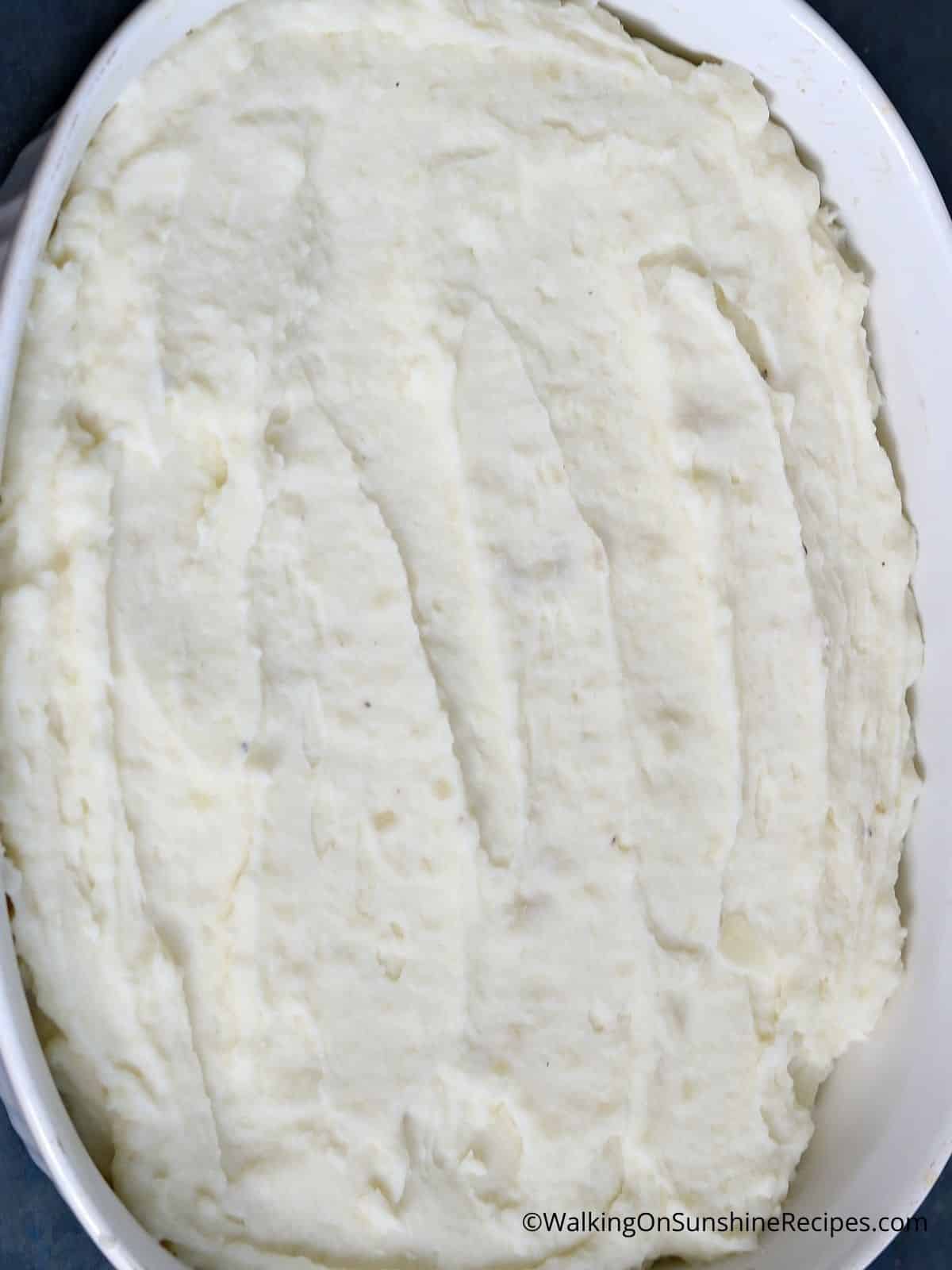 mashed potatoes in casserole dish.