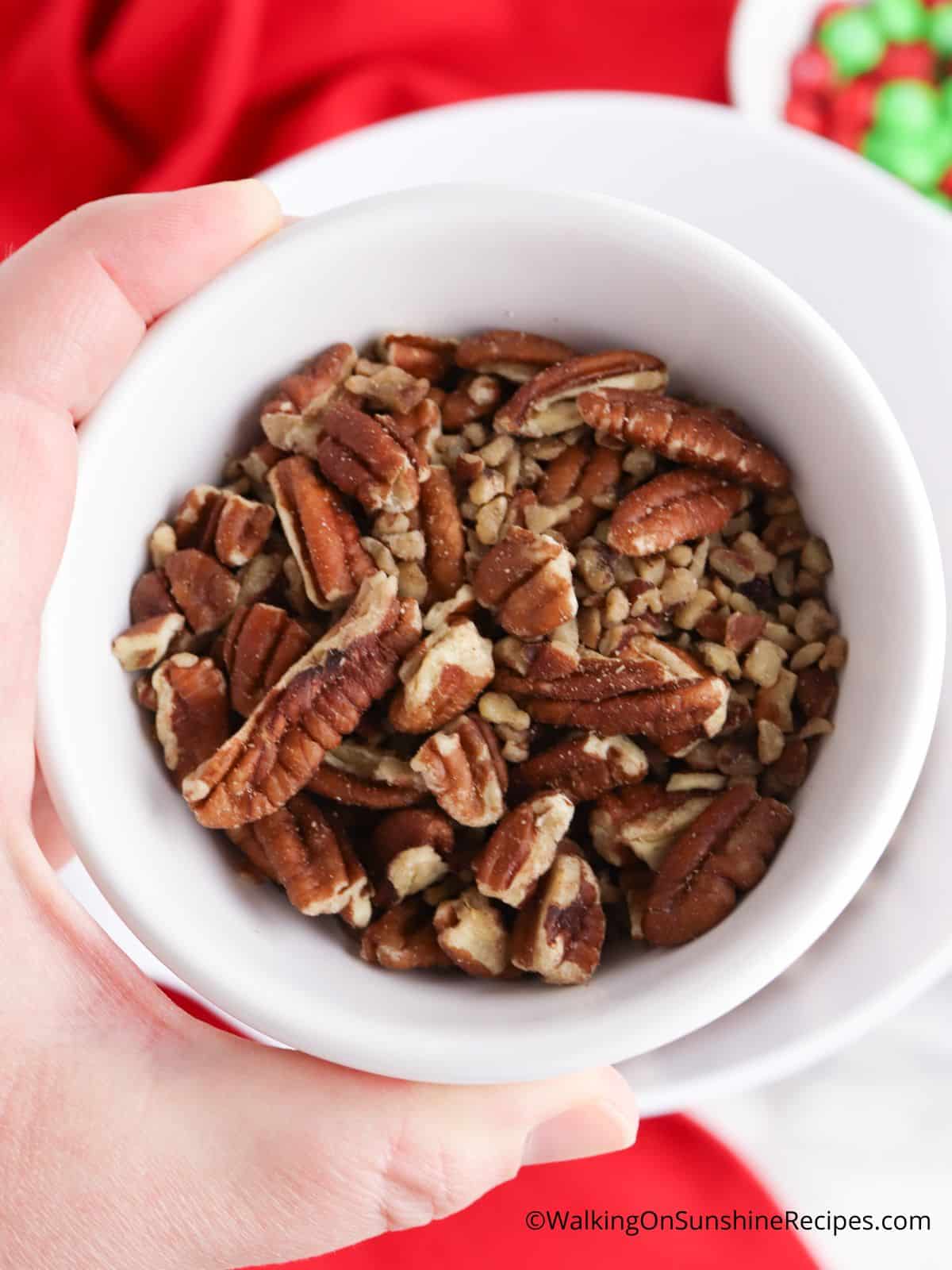 chopped pecans in a bowl.