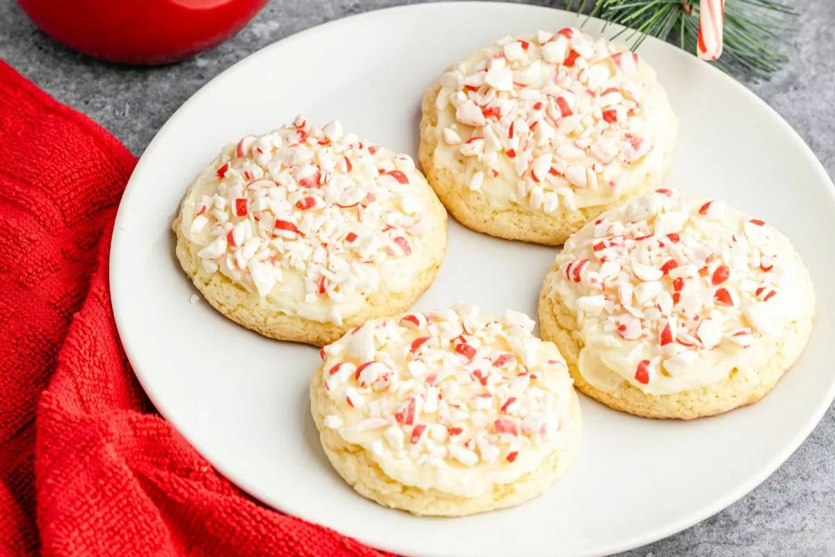 four Christmas Cookies with Peppermint pieces served on a white plate