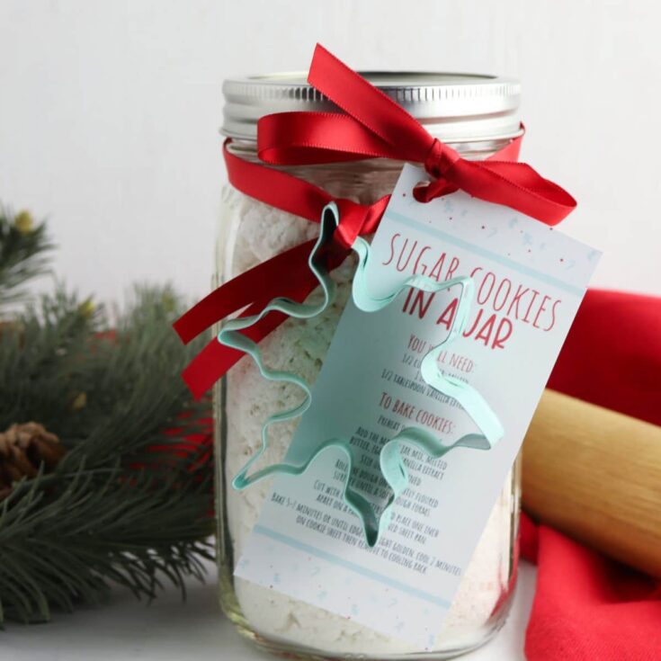 Sugar cookie mix in a mason jar with free printable gift tag.