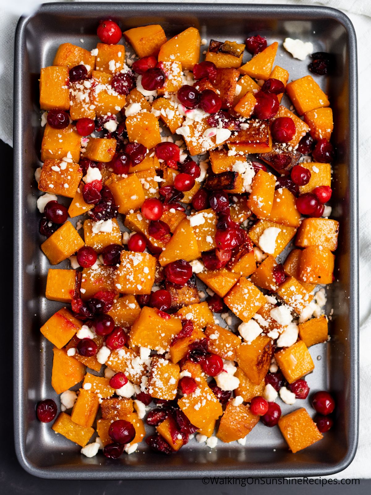 roasted butternut squash with cranberries and crumbled feta cheese.