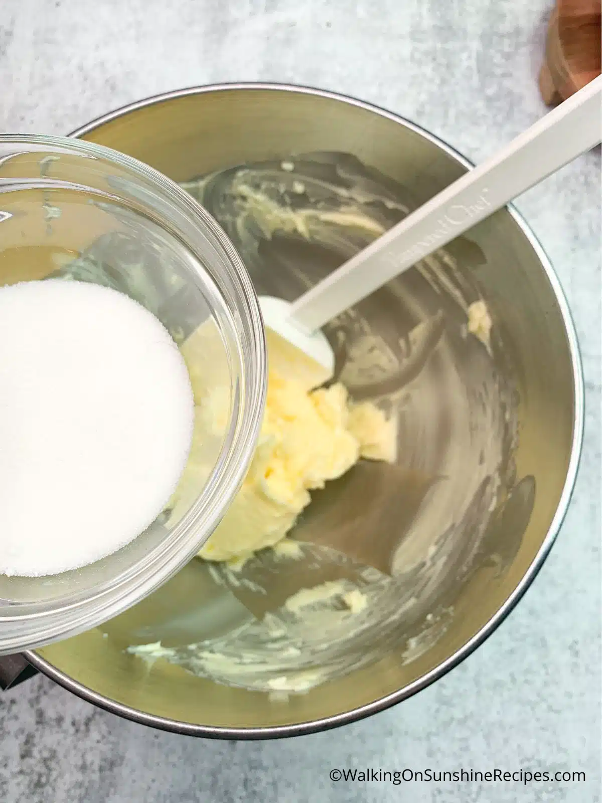 Add sugar to butter mixture.