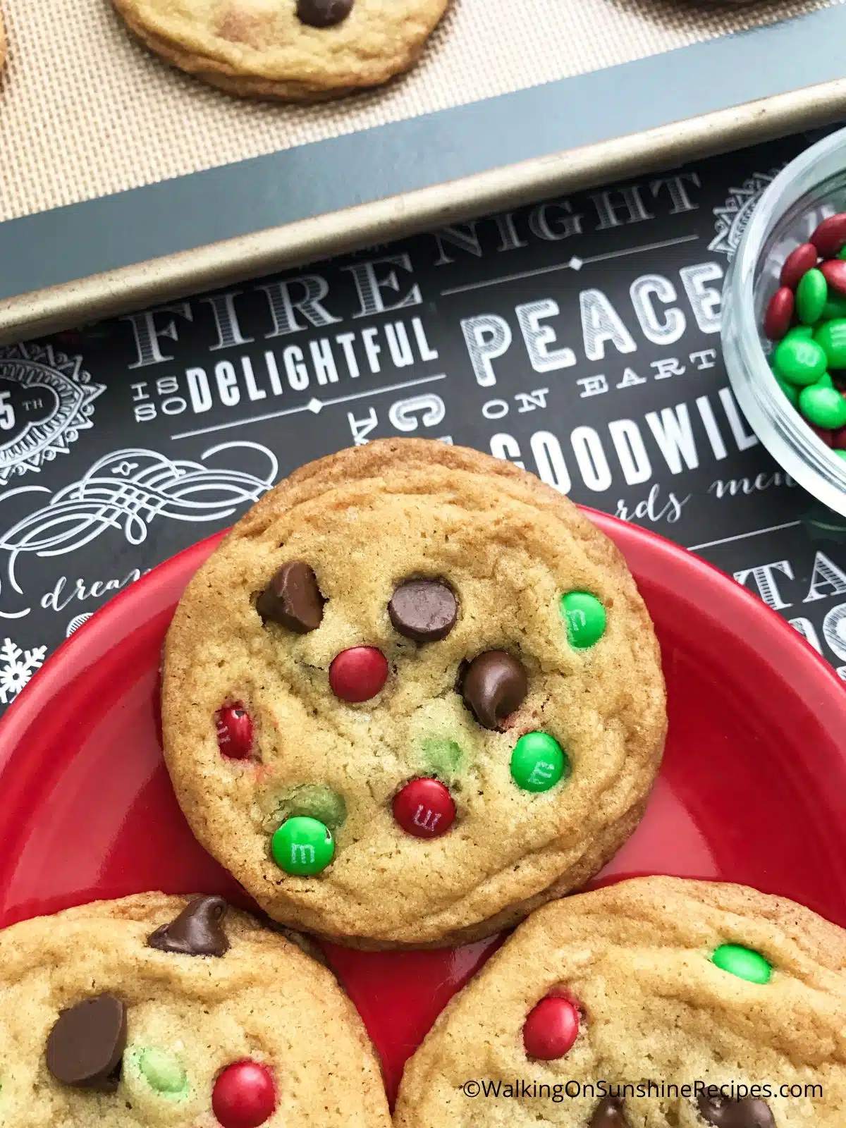 baked Christmas cookies with chocolate chips and M&Ms.
