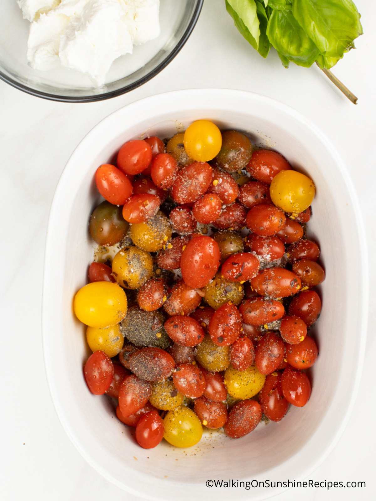 seasoned tomatoes in bowl with olive oil.