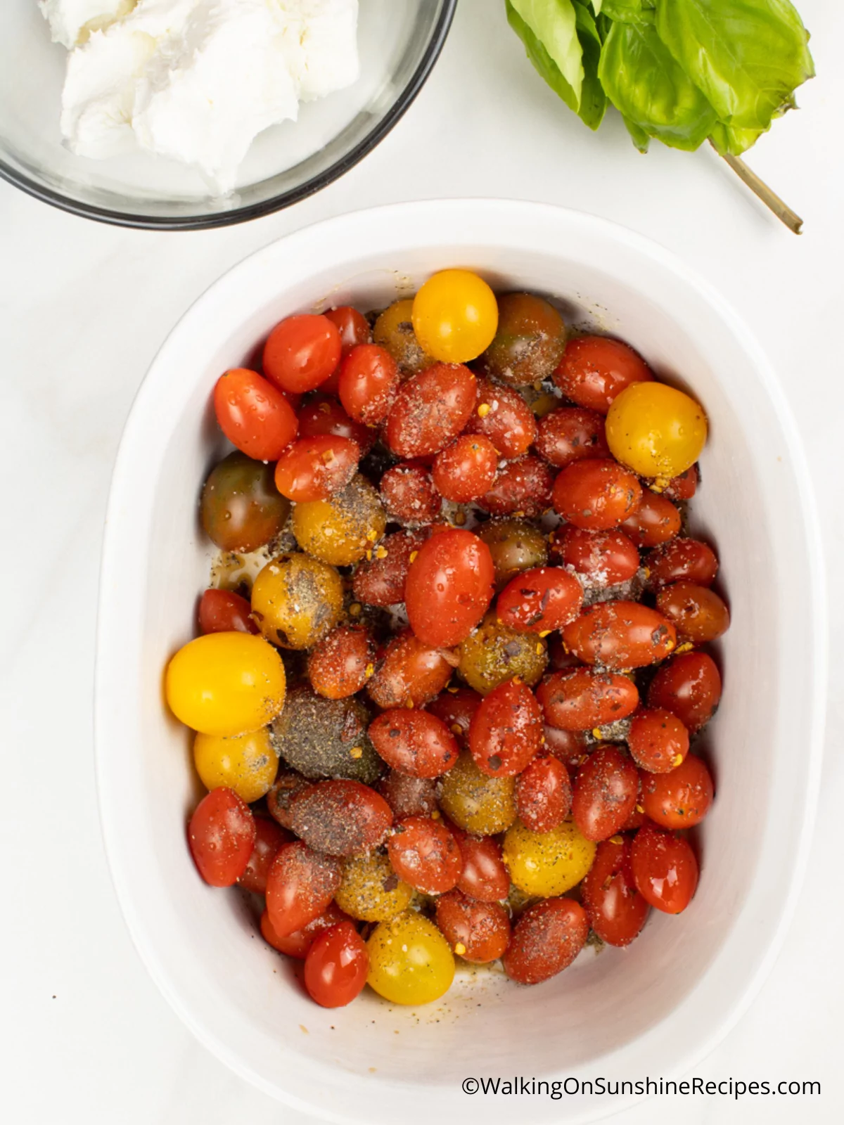 seasoned tomatoes in bowl with olive oil.