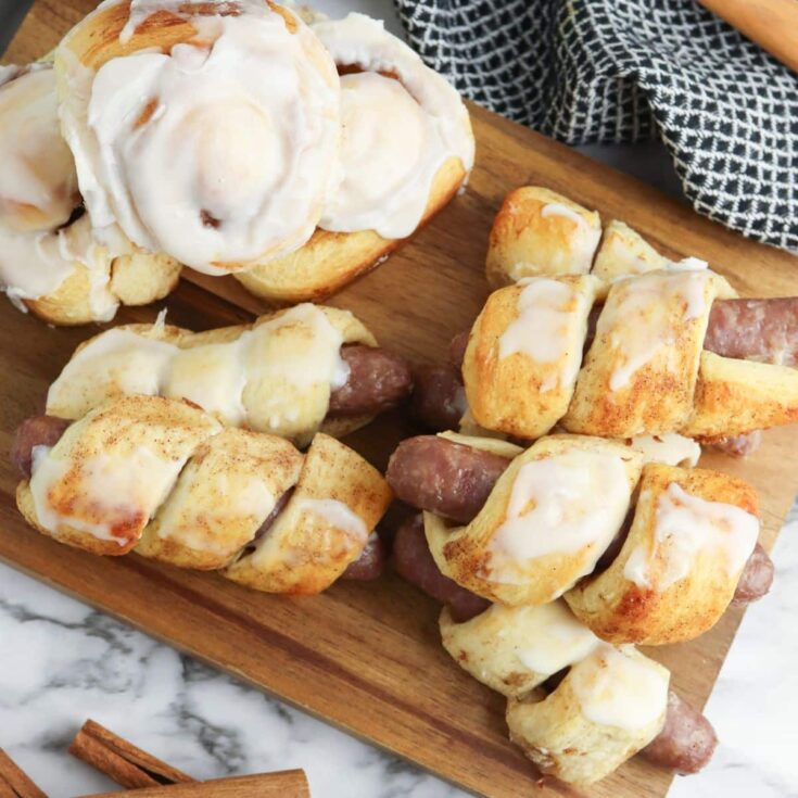 Refrigerator cinnamon rolls with breakfast sausage links.