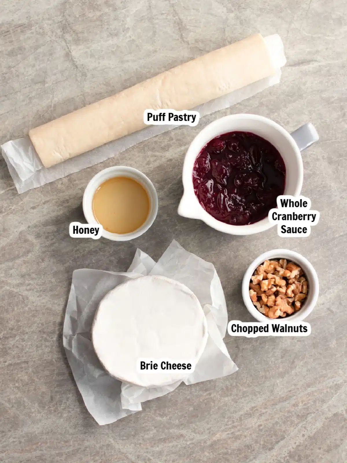 ingredients for puff pastry appetizer with brie cheese.