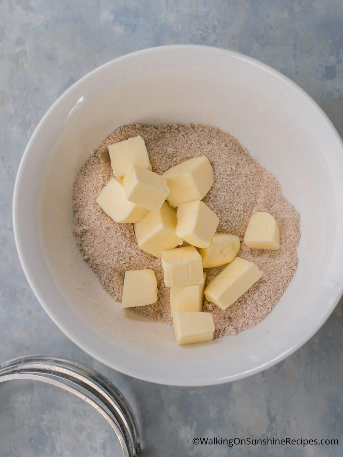 cut butter into sugar and cinnamon mixture.