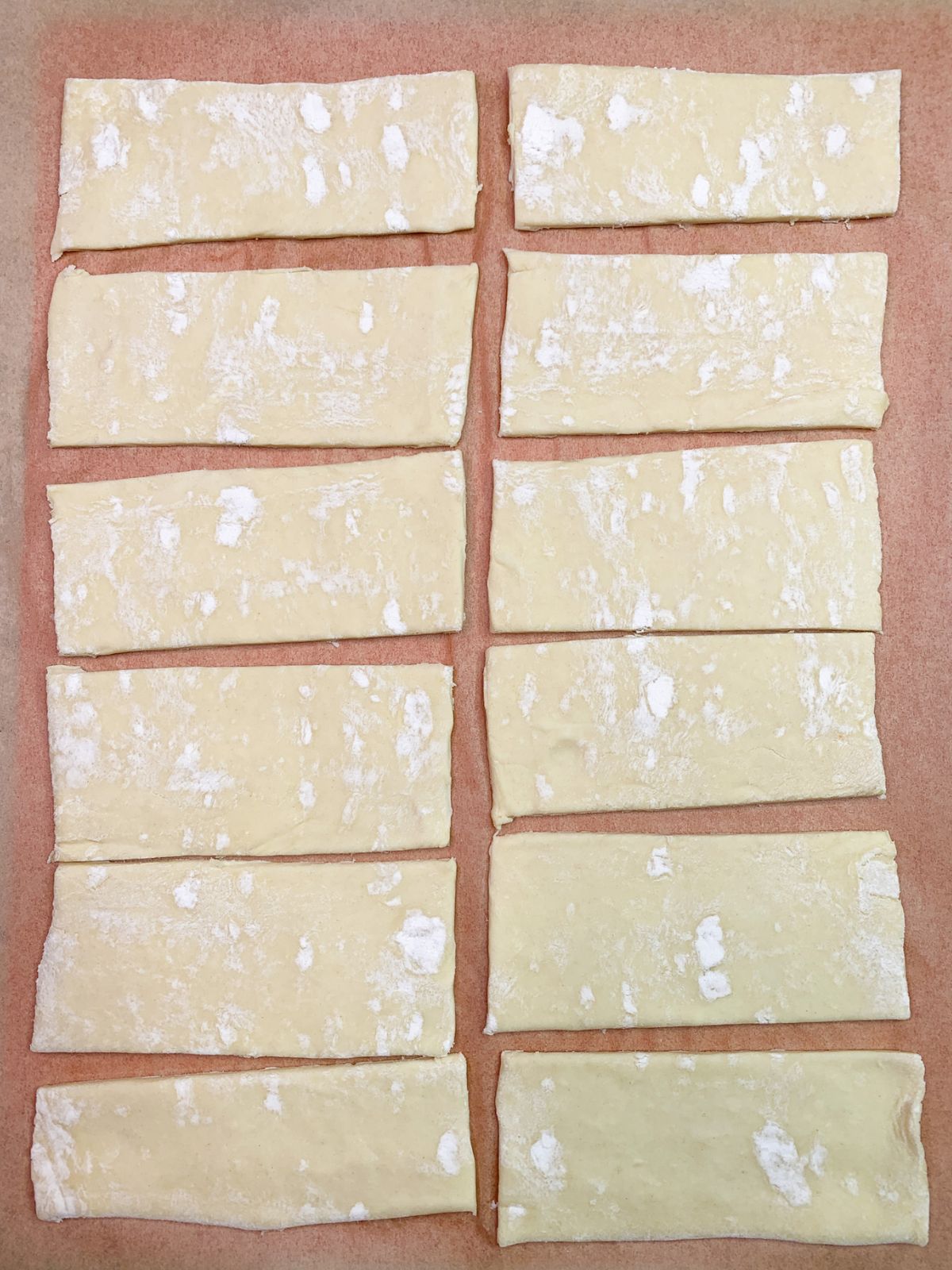 Puff pastry cute into 12 pieces.