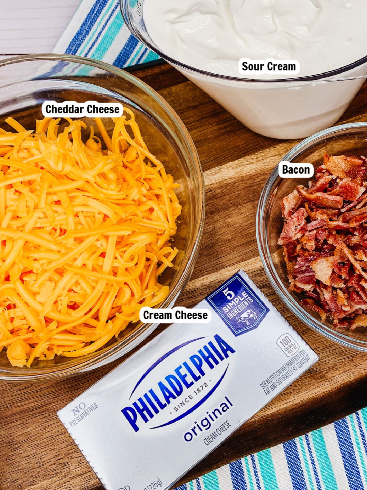 Ingredients for warm bacon cheese dip.