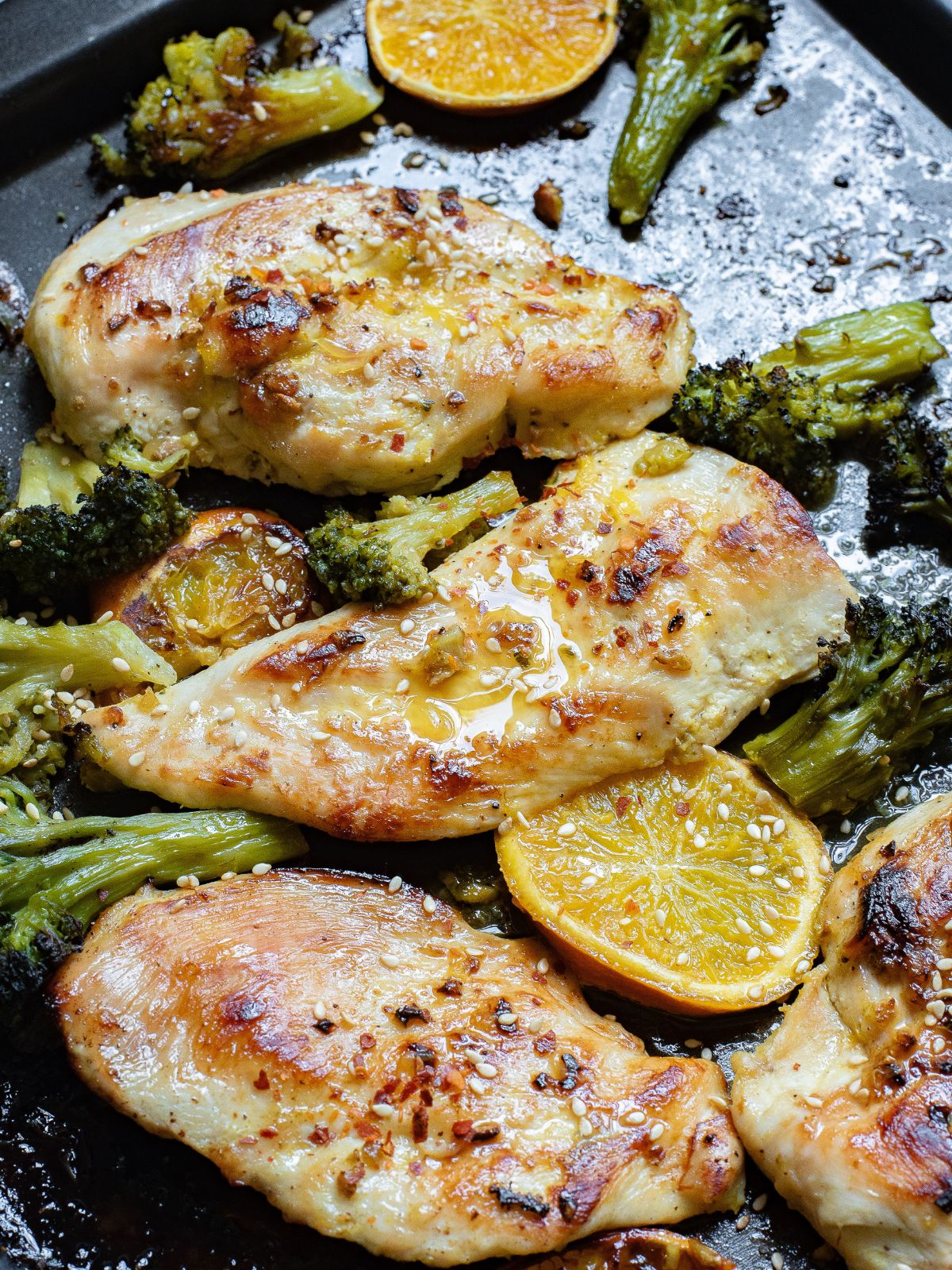 close up of baked sheet pan chicken